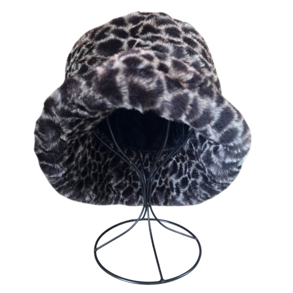 Steven B. 90s Vintage‎ Brown Leopard Faux Fur Bucket Hat Women OS Winter Retro